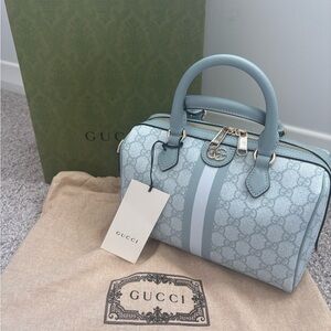 Gucci Light Blue GG Supreme Boston Satchel with Web Stripe